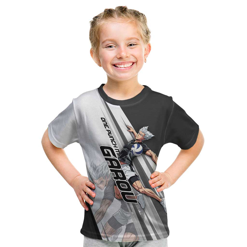 Personalized Garou Volleyball Action Design Kid T Shirt with Monochrome Stripes and Dynamic Pose