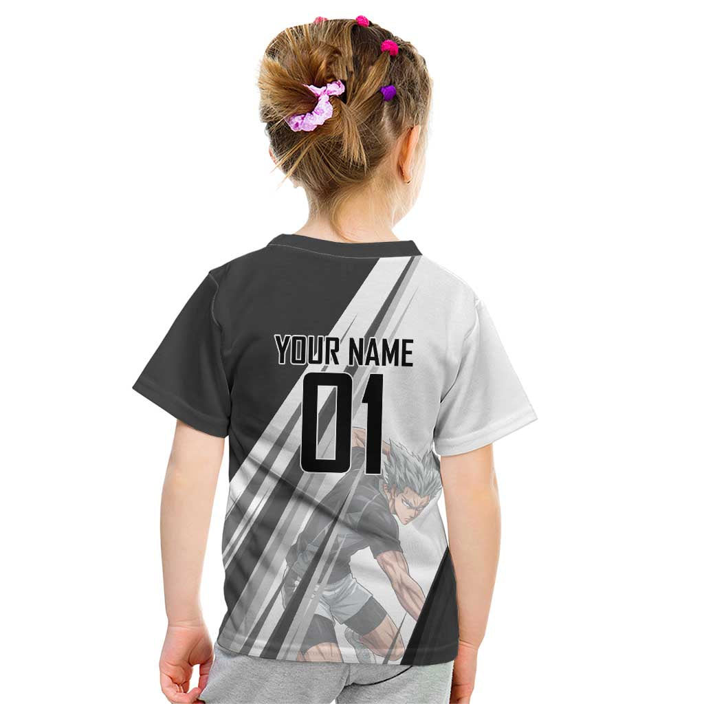 Personalized Garou Volleyball Action Design Kid T Shirt with Monochrome Stripes and Dynamic Pose