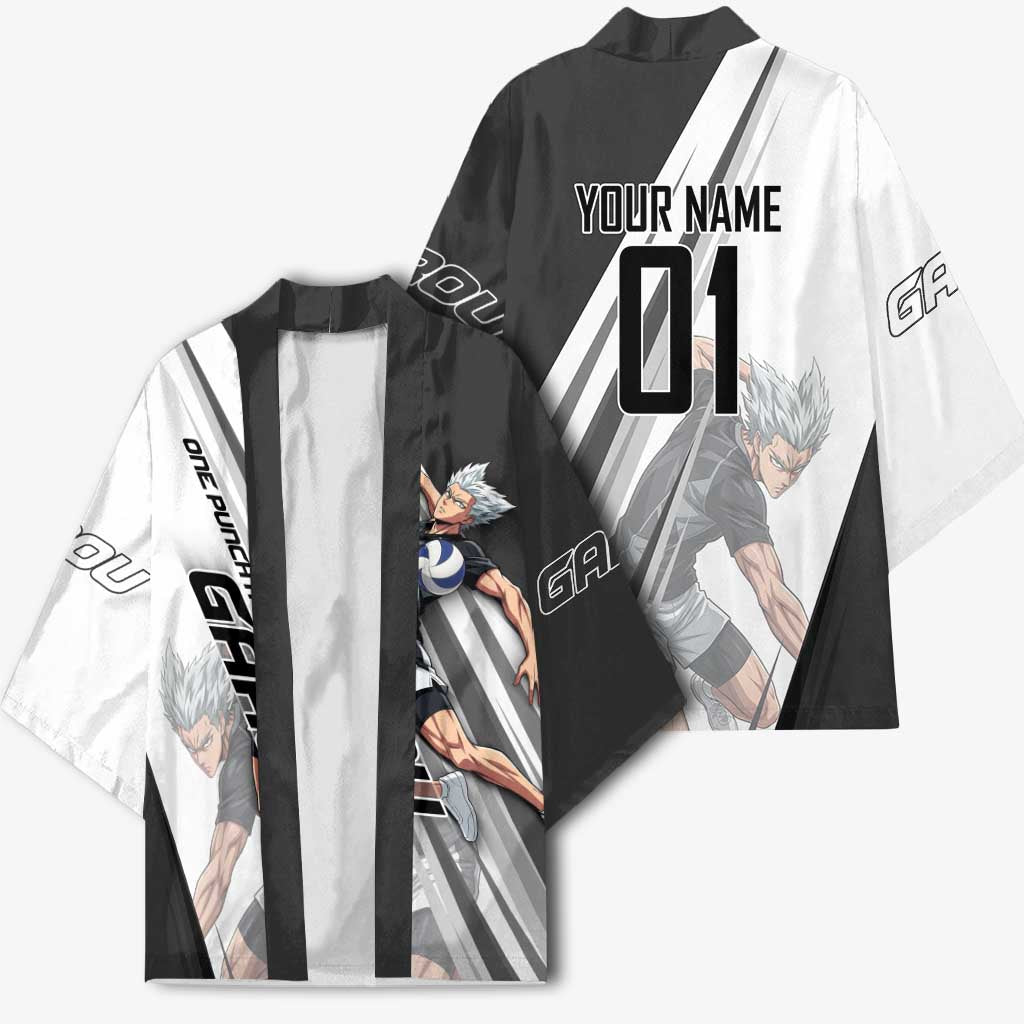 Personalized Garou Volleyball Action Design Kimono with Monochrome Stripes and Dynamic Pose