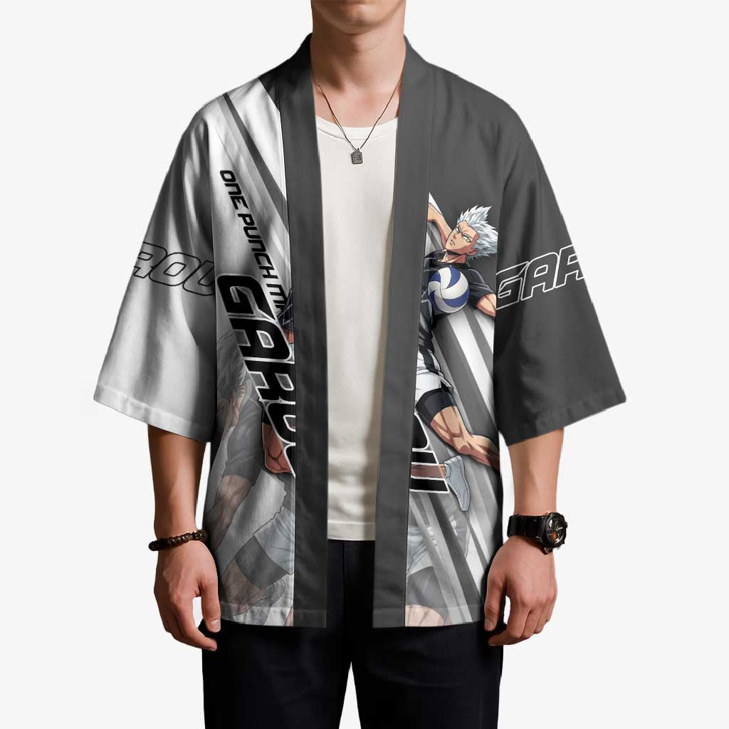 Personalized Garou Volleyball Action Design Kimono with Monochrome Stripes and Dynamic Pose