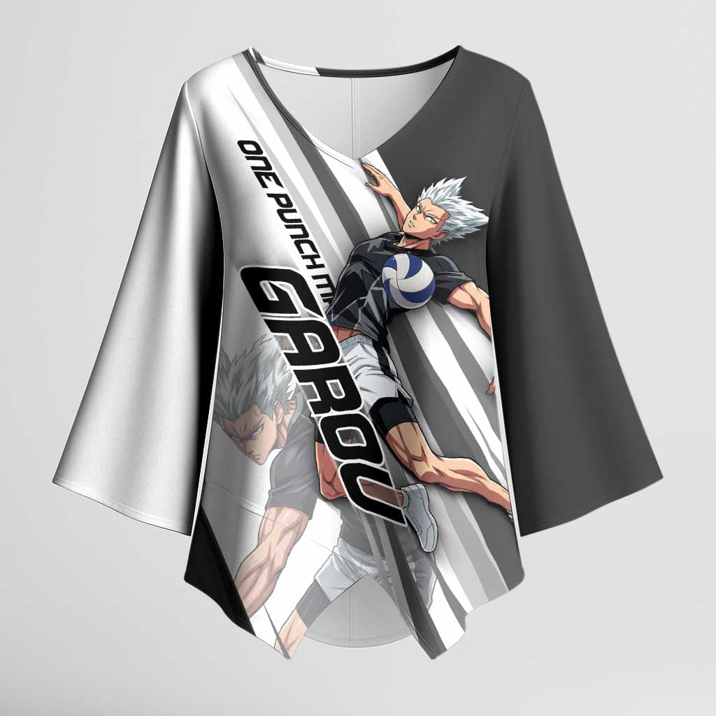 Personalized Garou Volleyball Action Design Kimono Sleeve Blouse with Monochrome Stripes and Dynamic Pose