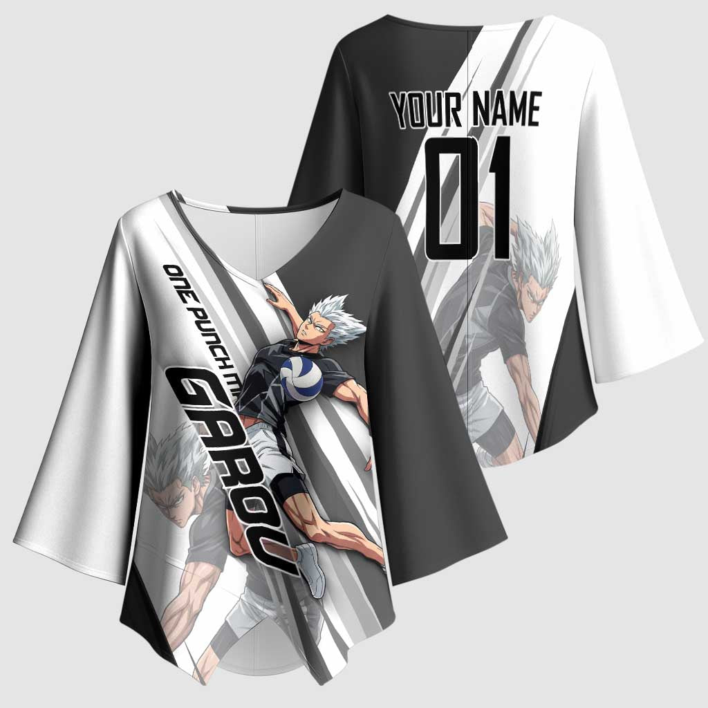 Personalized Garou Volleyball Action Design Kimono Sleeve Blouse with Monochrome Stripes and Dynamic Pose