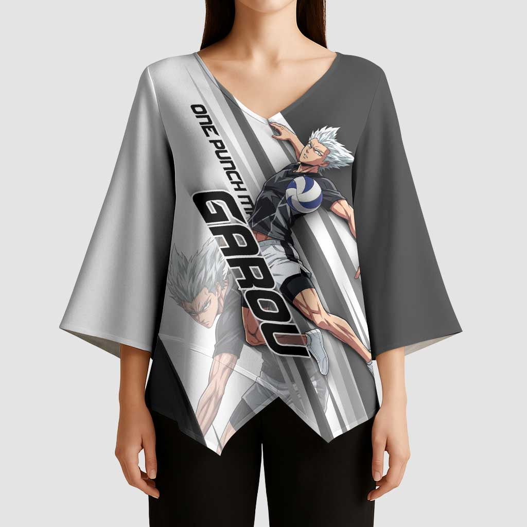 Personalized Garou Volleyball Action Design Kimono Sleeve Blouse with Monochrome Stripes and Dynamic Pose