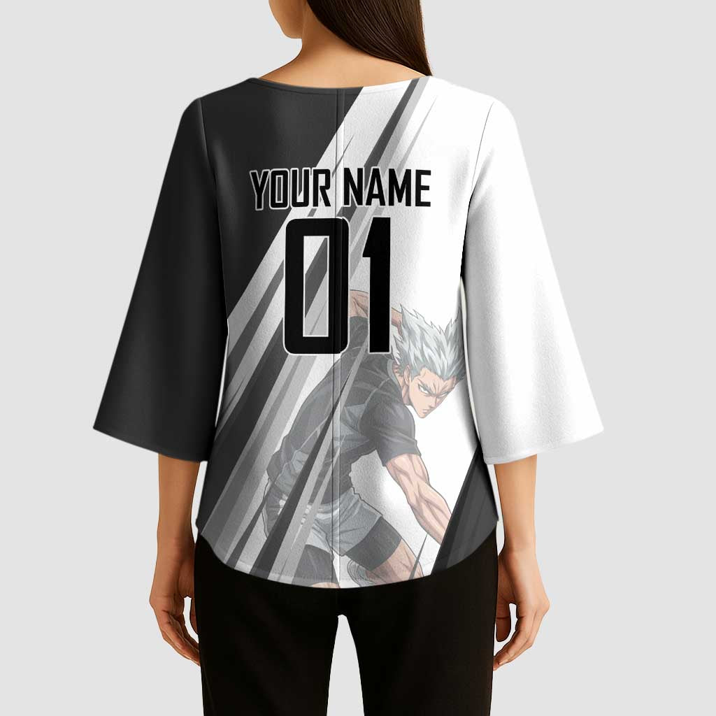 Personalized Garou Volleyball Action Design Kimono Sleeve Blouse with Monochrome Stripes and Dynamic Pose