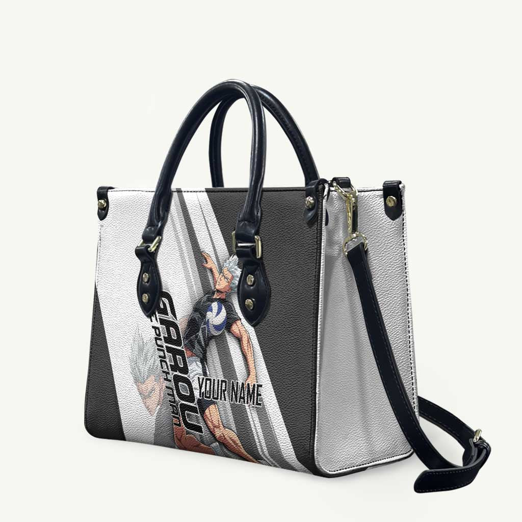 Personalized Garou Volleyball Action Design Leather Bag with Monochrome Stripes and Dynamic Pose