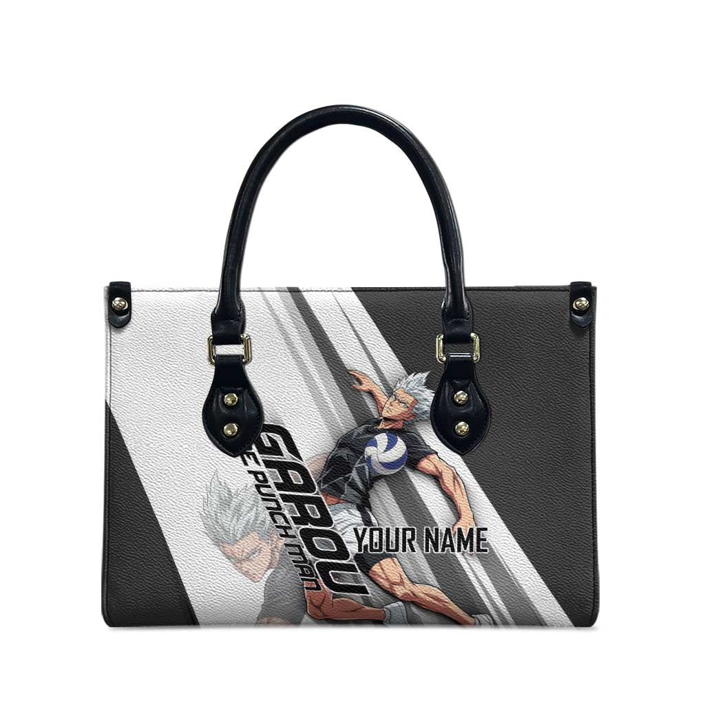 Personalized Garou Volleyball Action Design Leather Bag with Monochrome Stripes and Dynamic Pose