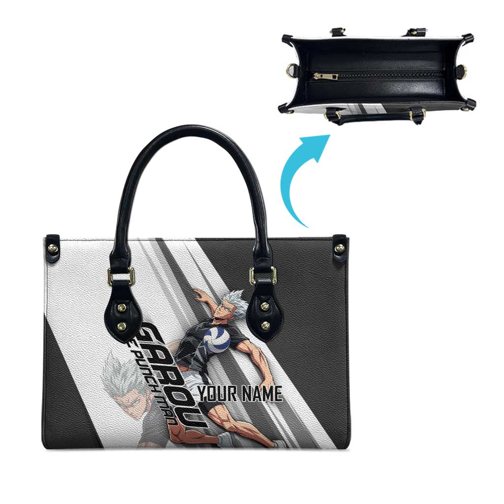 Personalized Garou Volleyball Action Design Leather Bag with Monochrome Stripes and Dynamic Pose