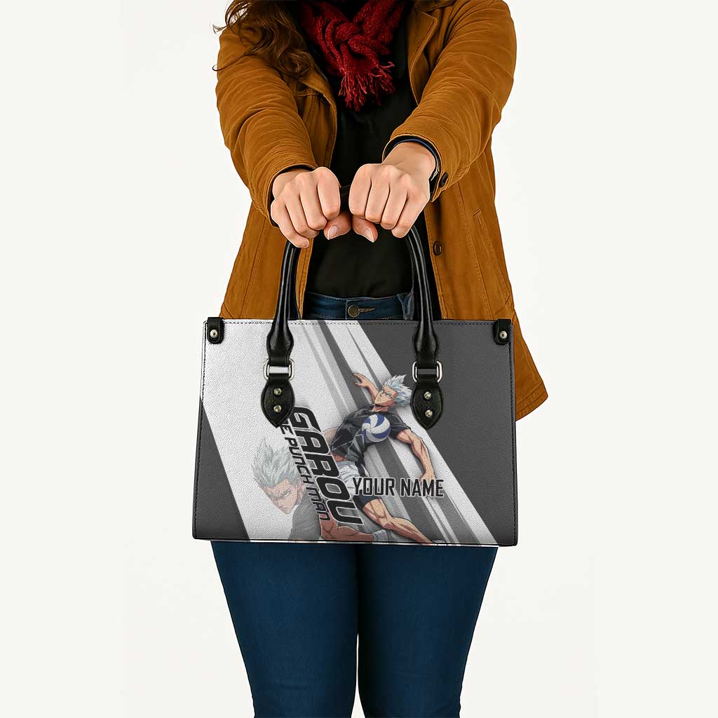 Personalized Garou Volleyball Action Design Leather Bag with Monochrome Stripes and Dynamic Pose