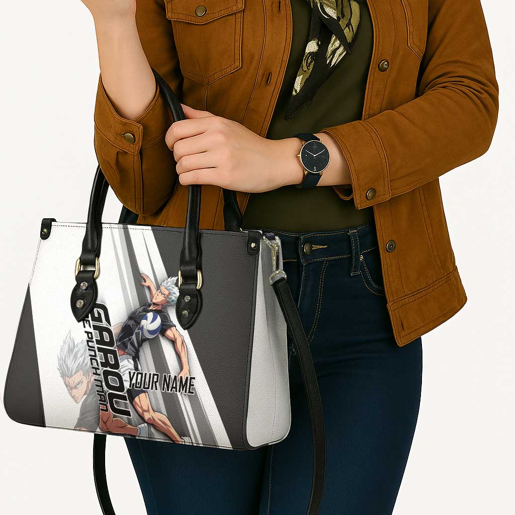 Personalized Garou Volleyball Action Design Leather Bag with Monochrome Stripes and Dynamic Pose
