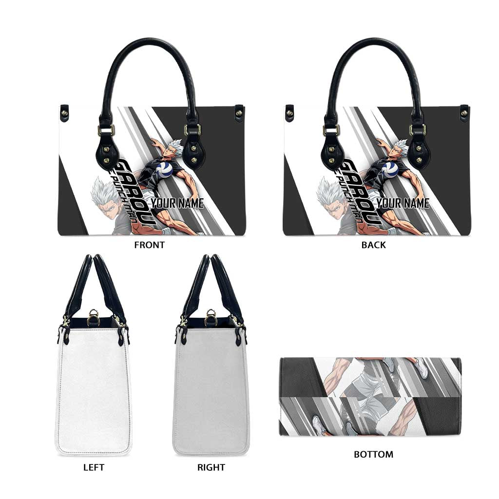 Personalized Garou Volleyball Action Design Leather Bag with Monochrome Stripes and Dynamic Pose