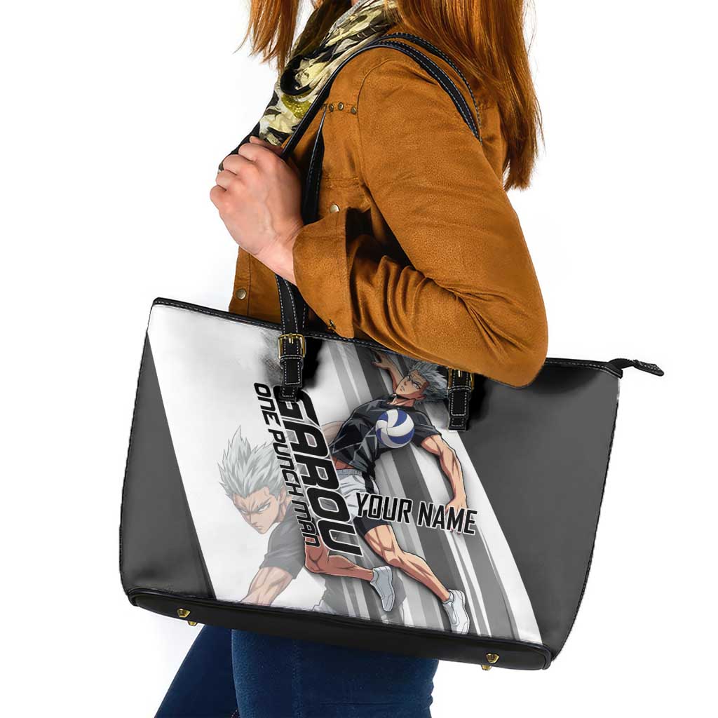 Personalized Garou Volleyball Action Design Leather Tote Bag with Monochrome Stripes and Dynamic Pose