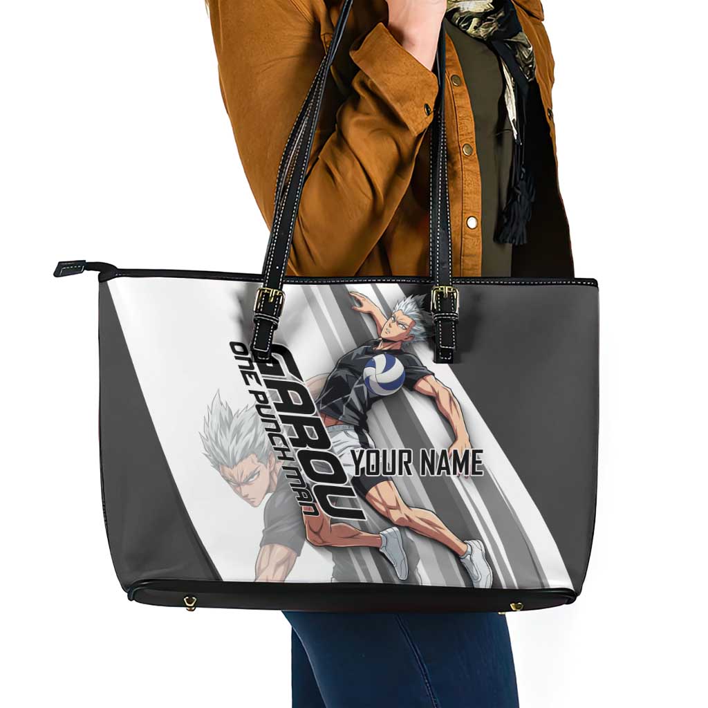 Personalized Garou Volleyball Action Design Leather Tote Bag with Monochrome Stripes and Dynamic Pose