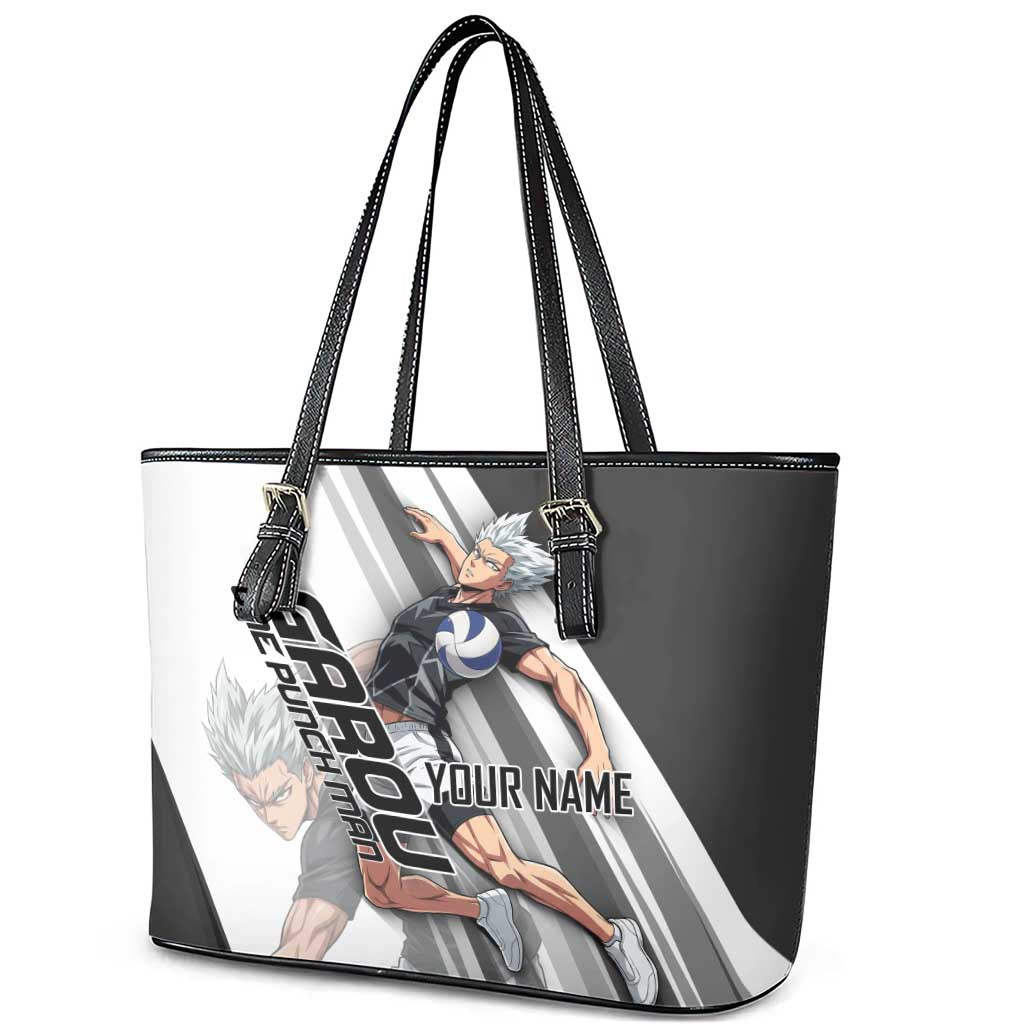 Personalized Garou Volleyball Action Design Leather Tote Bag with Monochrome Stripes and Dynamic Pose