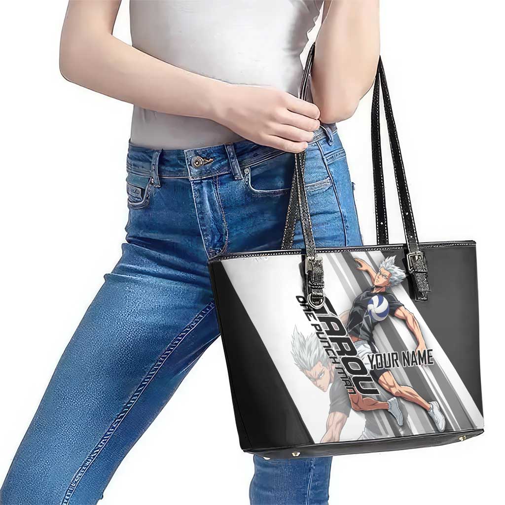 Personalized Garou Volleyball Action Design Leather Tote Bag with Monochrome Stripes and Dynamic Pose