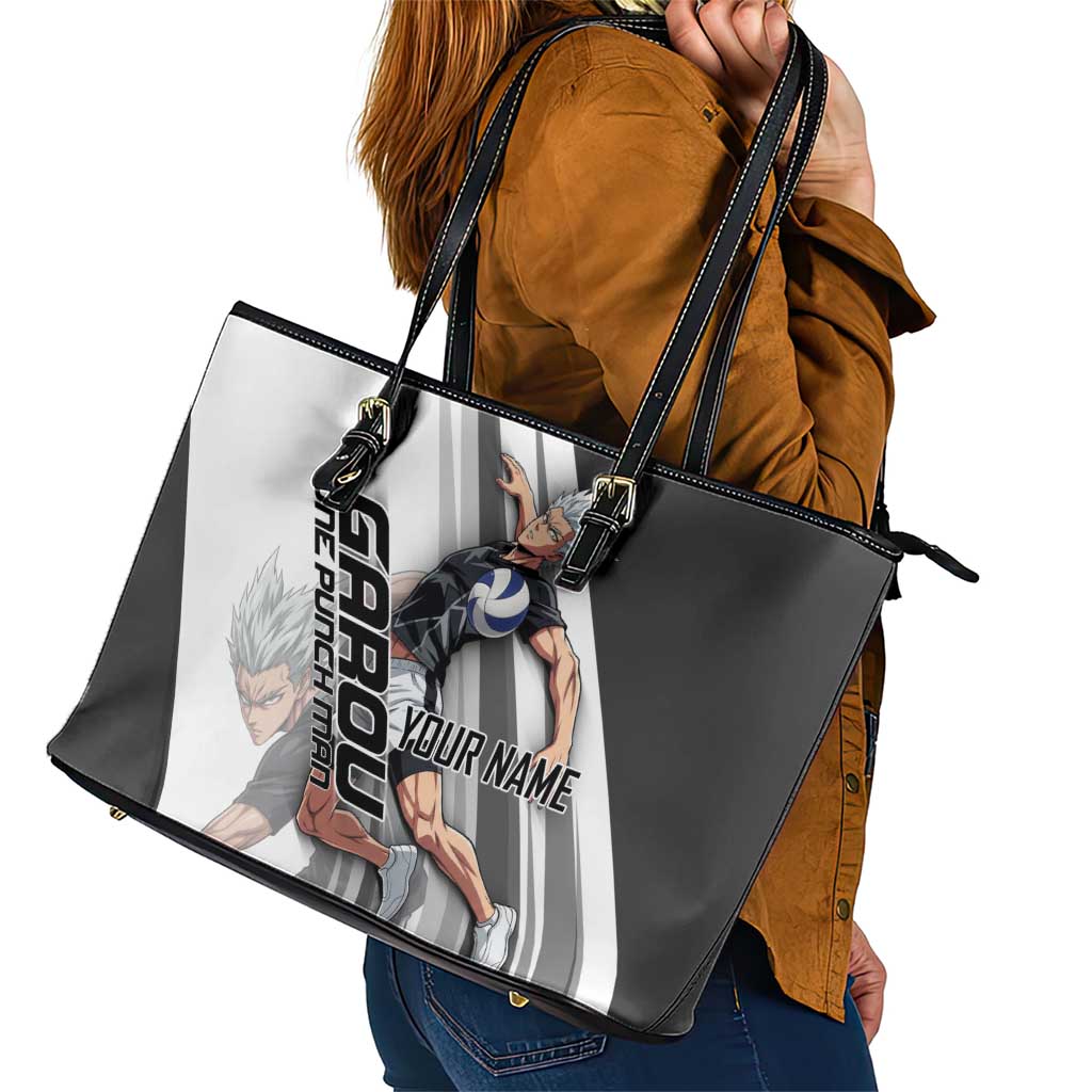 Personalized Garou Volleyball Action Design Leather Tote Bag with Monochrome Stripes and Dynamic Pose