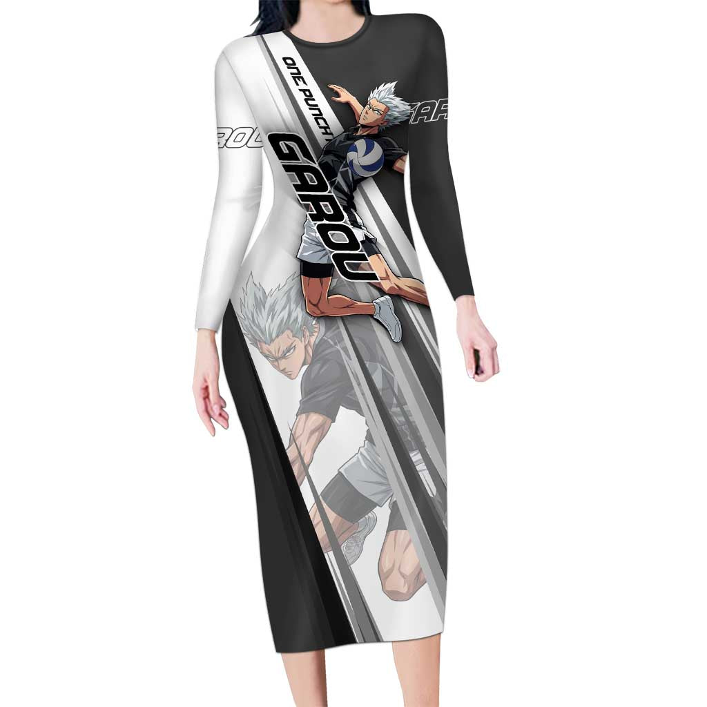 Personalized Garou Volleyball Action Design Long Sleeve Bodycon Dress with Monochrome Stripes and Dynamic Pose