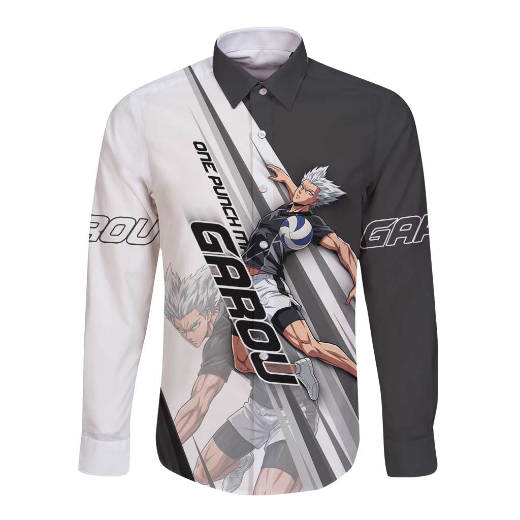 Personalized Garou Volleyball Action Design Long Sleeve Button Shirt with Monochrome Stripes and Dynamic Pose
