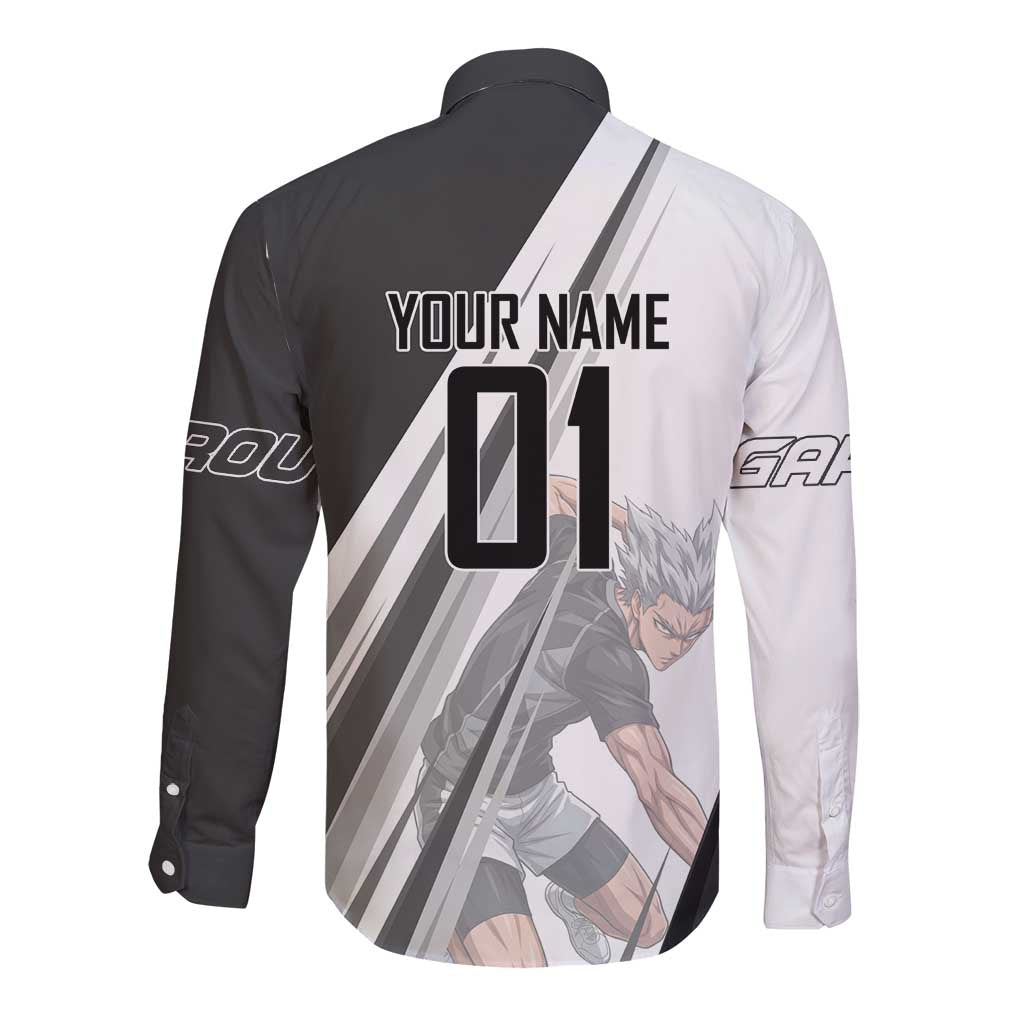 Personalized Garou Volleyball Action Design Long Sleeve Button Shirt with Monochrome Stripes and Dynamic Pose