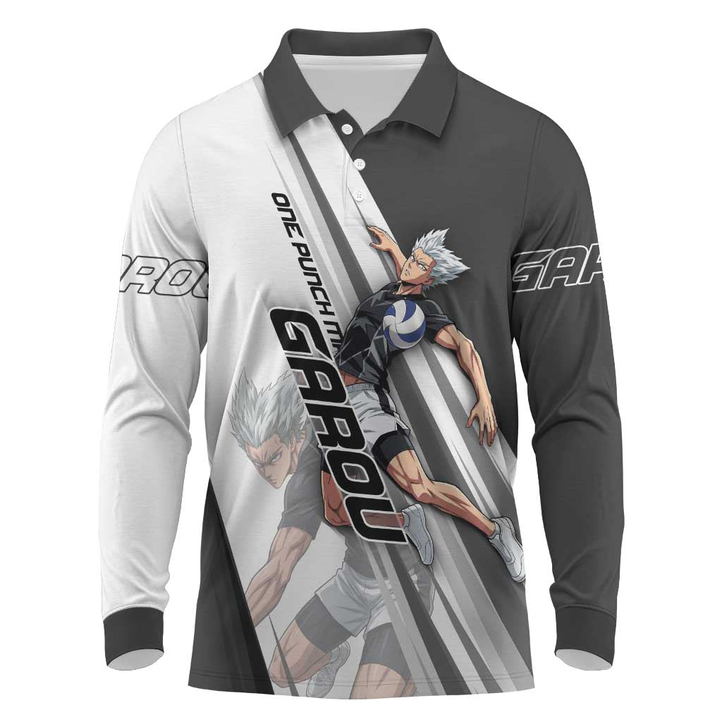 Personalized Garou Volleyball Action Design Long Sleeve Polo Shirt with Monochrome Stripes and Dynamic Pose