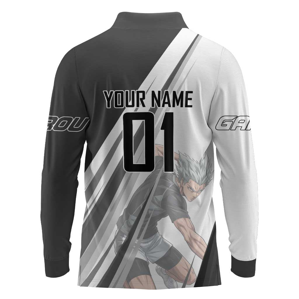 Personalized Garou Volleyball Action Design Long Sleeve Polo Shirt with Monochrome Stripes and Dynamic Pose