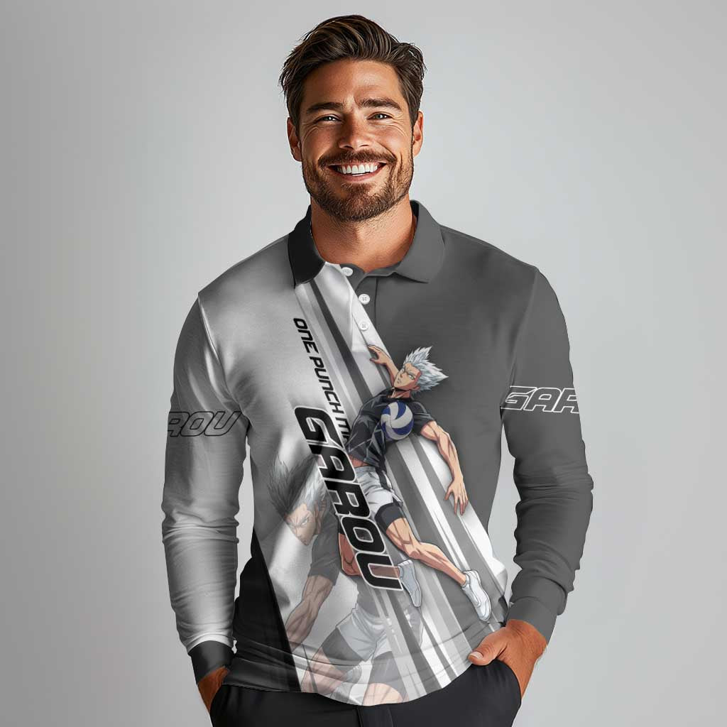 Personalized Garou Volleyball Action Design Long Sleeve Polo Shirt with Monochrome Stripes and Dynamic Pose