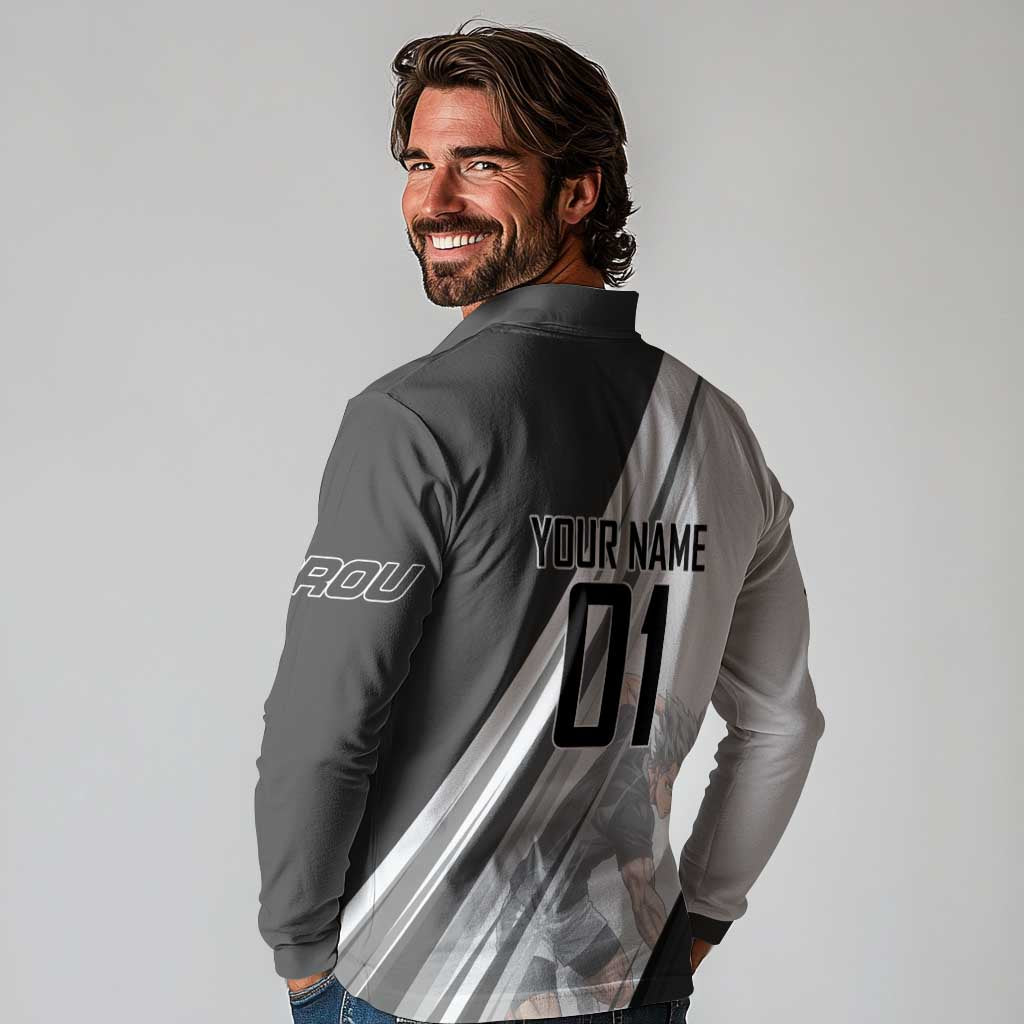 Personalized Garou Volleyball Action Design Long Sleeve Polo Shirt with Monochrome Stripes and Dynamic Pose
