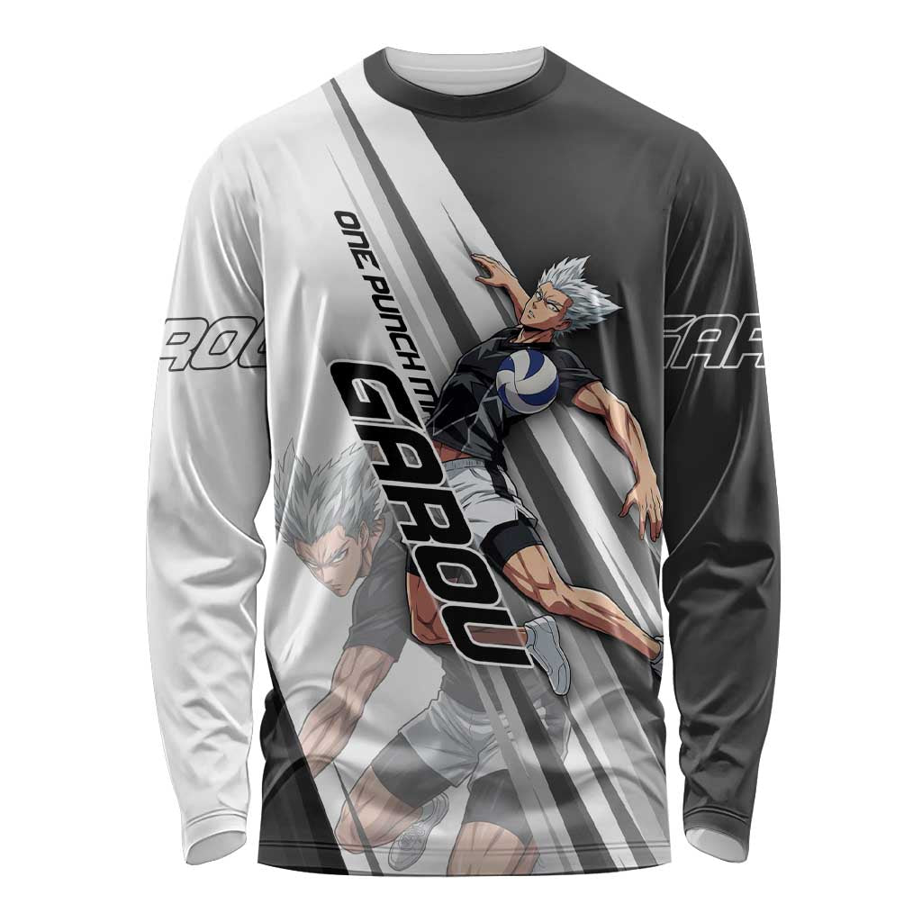 Personalized Garou Volleyball Action Design Long Sleeve Shirt with Monochrome Stripes and Dynamic Pose
