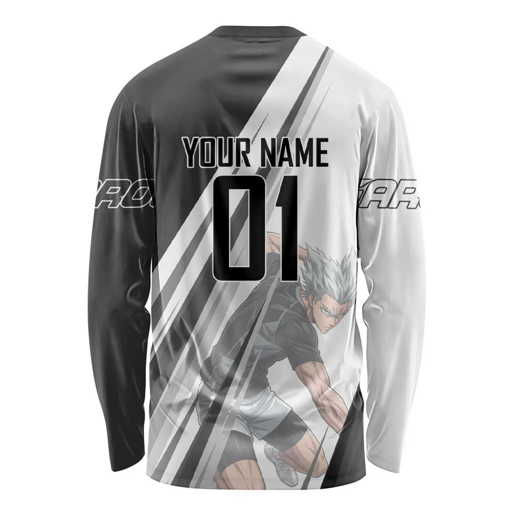 Personalized Garou Volleyball Action Design Long Sleeve Shirt with Monochrome Stripes and Dynamic Pose