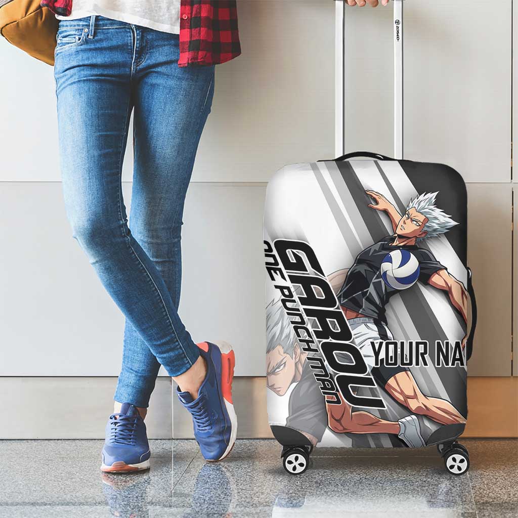 Personalized Garou Volleyball Action Design Luggage Cover with Monochrome Stripes and Dynamic Pose