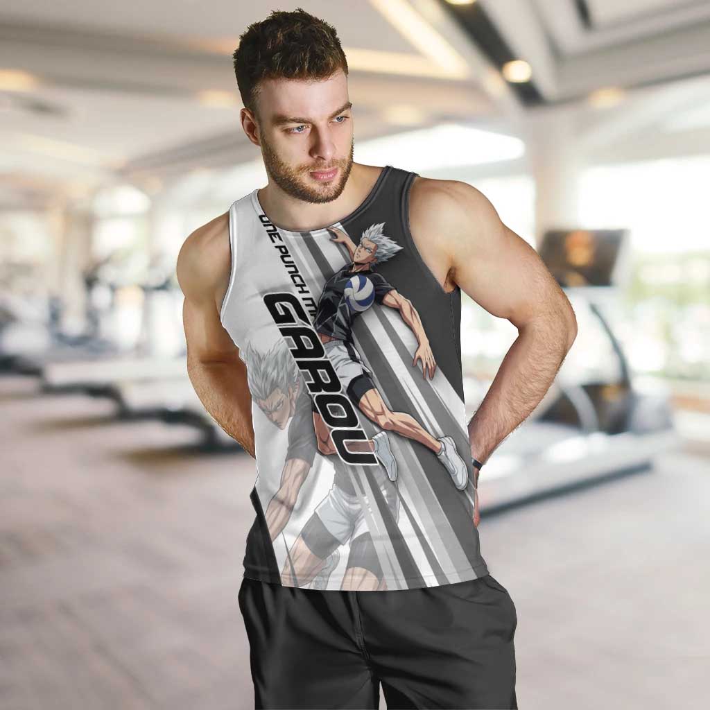Personalized Garou Volleyball Action Design Men Tank Top with Monochrome Stripes and Dynamic Pose