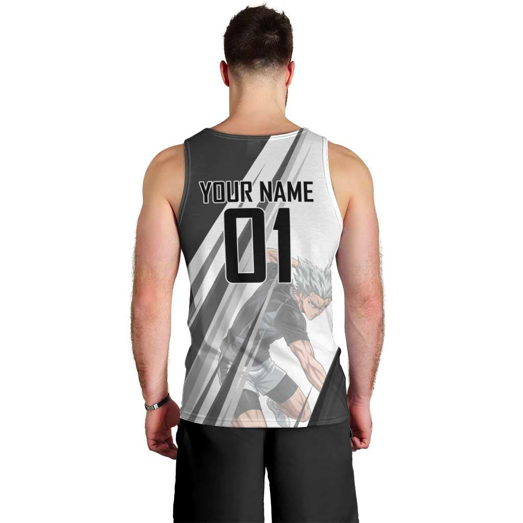 Personalized Garou Volleyball Action Design Men Tank Top with Monochrome Stripes and Dynamic Pose
