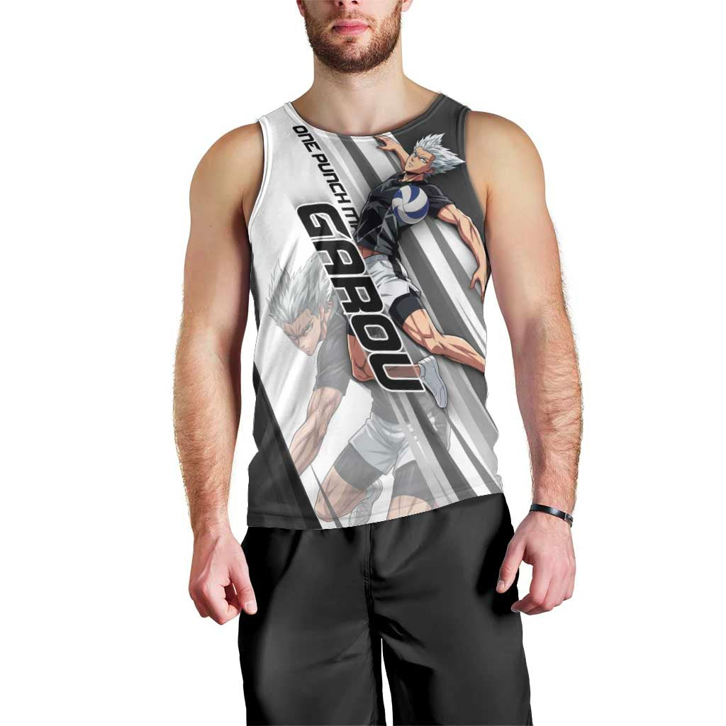 Personalized Garou Volleyball Action Design Men Tank Top with Monochrome Stripes and Dynamic Pose