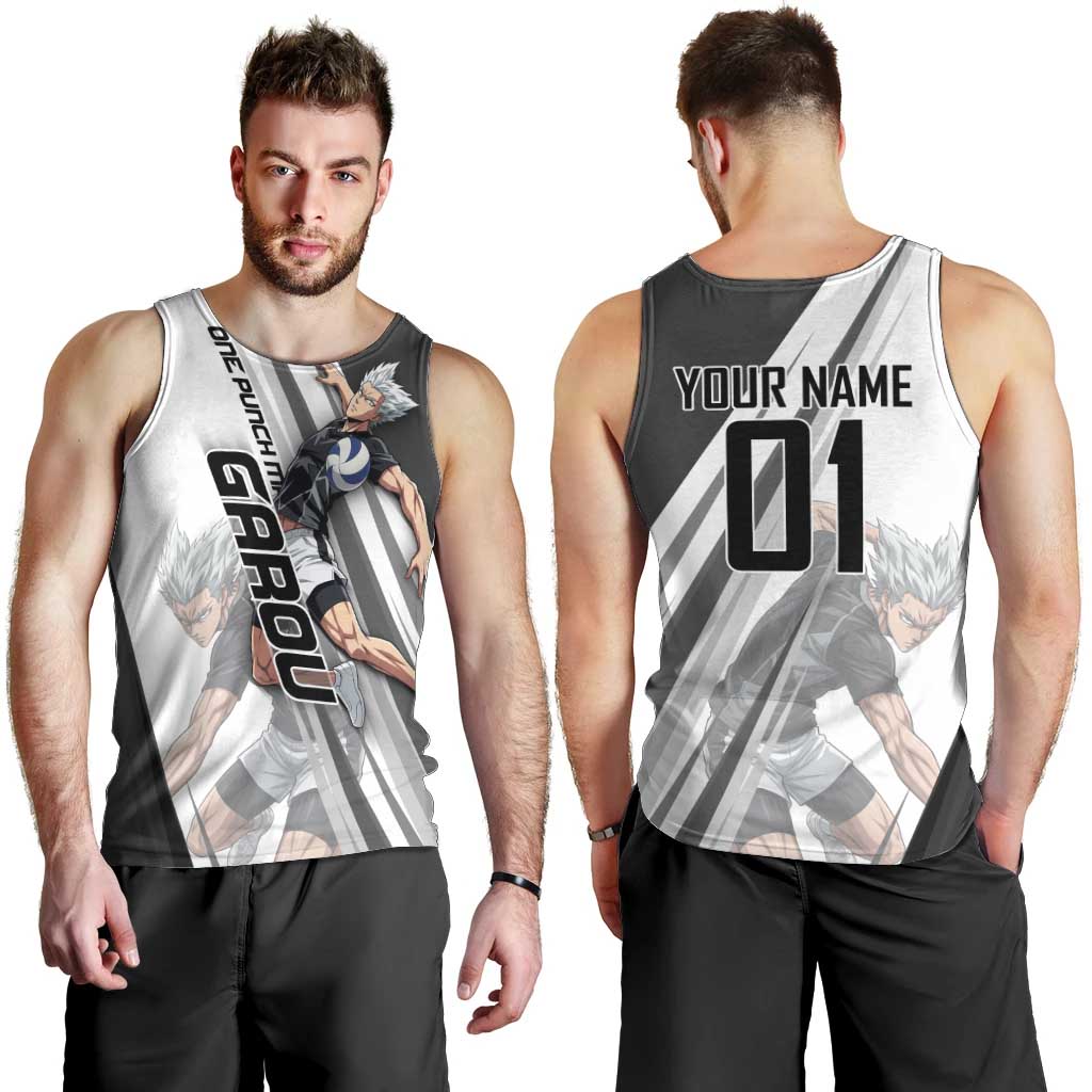 Personalized Garou Volleyball Action Design Men Tank Top with Monochrome Stripes and Dynamic Pose