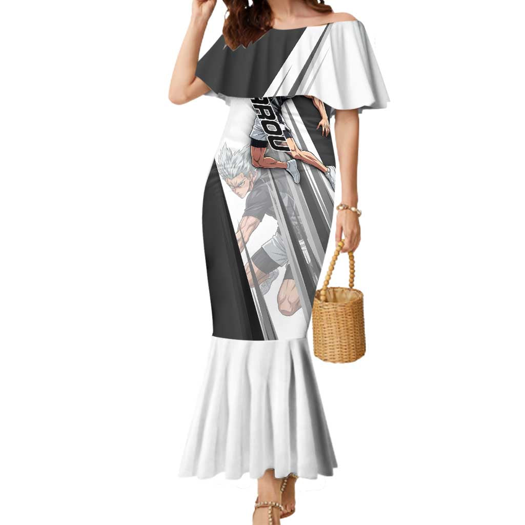 Personalized Garou Volleyball Action Design Mermaid Dress with Monochrome Stripes and Dynamic Pose