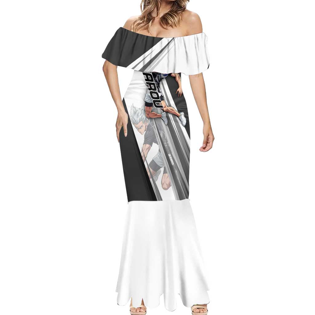Personalized Garou Volleyball Action Design Mermaid Dress with Monochrome Stripes and Dynamic Pose