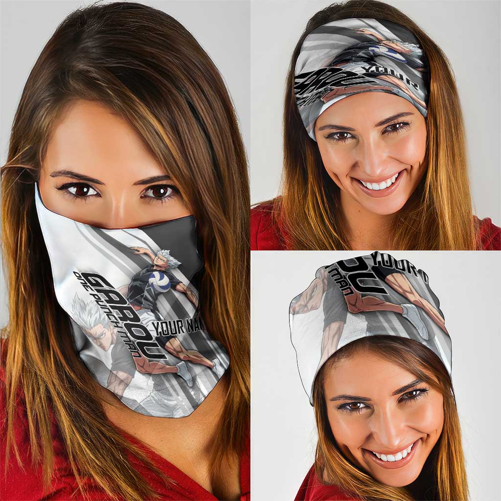 Personalized Garou Volleyball Action Design Neck Gaiter with Monochrome Stripes and Dynamic Pose