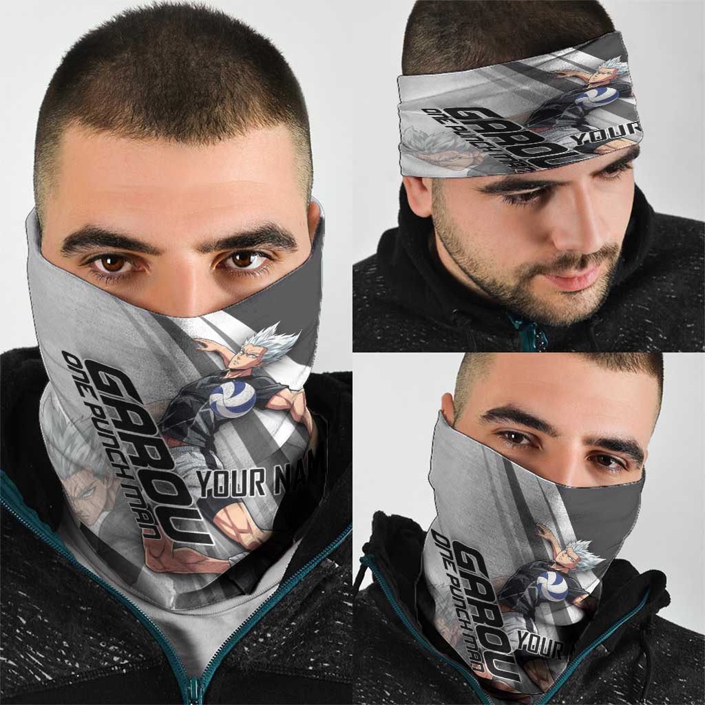 Personalized Garou Volleyball Action Design Neck Gaiter with Monochrome Stripes and Dynamic Pose