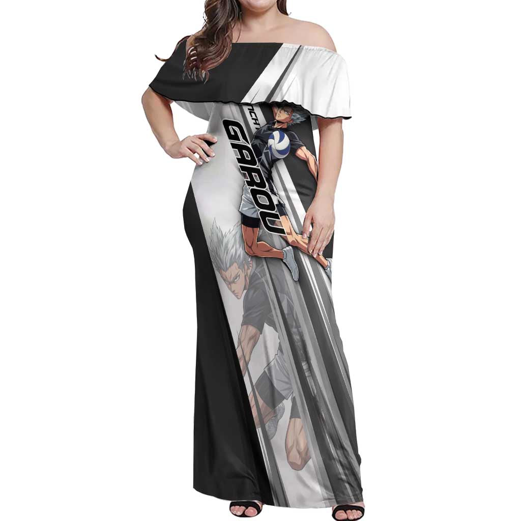 Personalized Garou Volleyball Action Design Off Shoulder Maxi Dress with Monochrome Stripes and Dynamic Pose