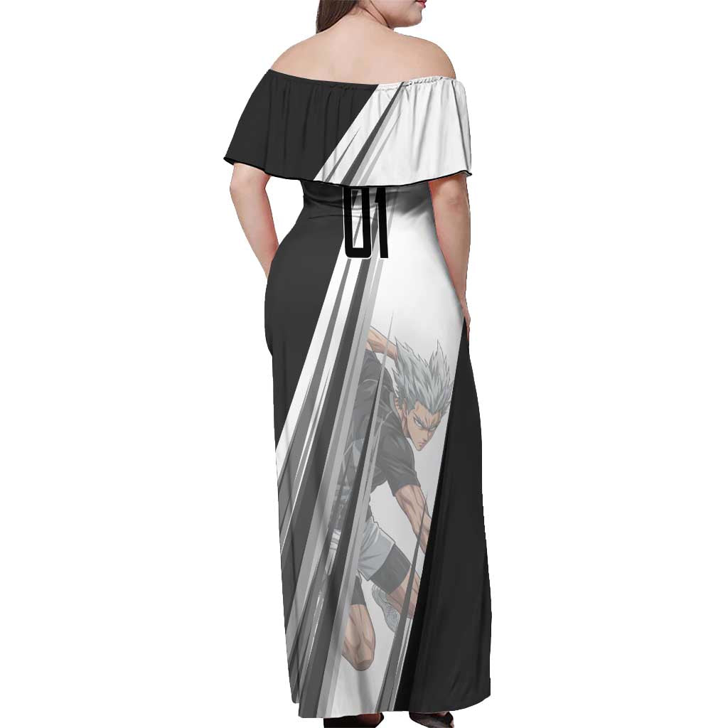 Personalized Garou Volleyball Action Design Off Shoulder Maxi Dress with Monochrome Stripes and Dynamic Pose