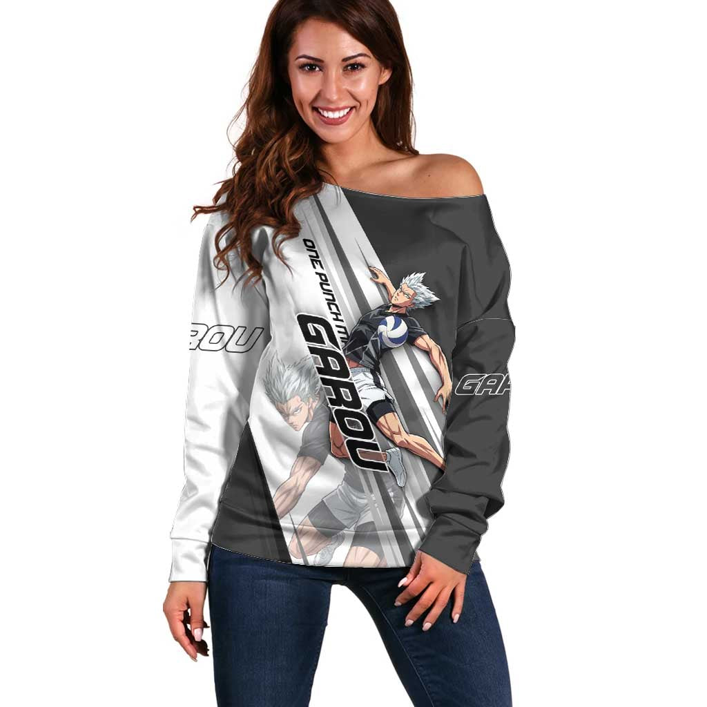 Personalized Garou Volleyball Action Design Off Shoulder Sweater with Monochrome Stripes and Dynamic Pose