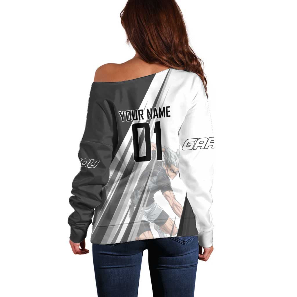 Personalized Garou Volleyball Action Design Off Shoulder Sweater with Monochrome Stripes and Dynamic Pose