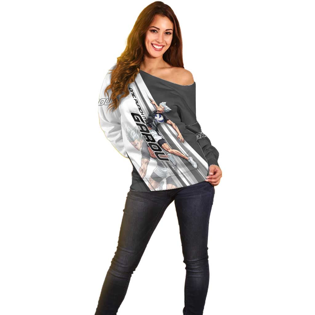 Personalized Garou Volleyball Action Design Off Shoulder Sweater with Monochrome Stripes and Dynamic Pose