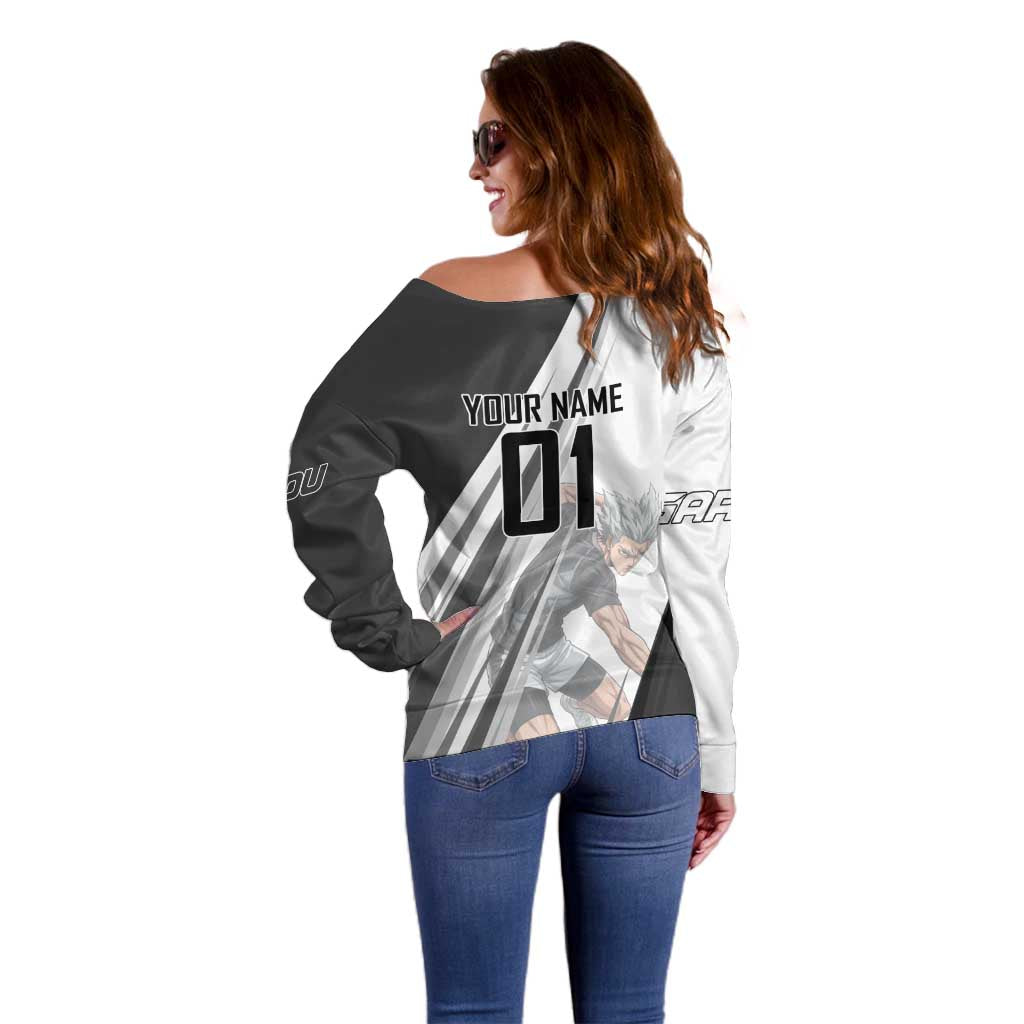 Personalized Garou Volleyball Action Design Off Shoulder Sweater with Monochrome Stripes and Dynamic Pose