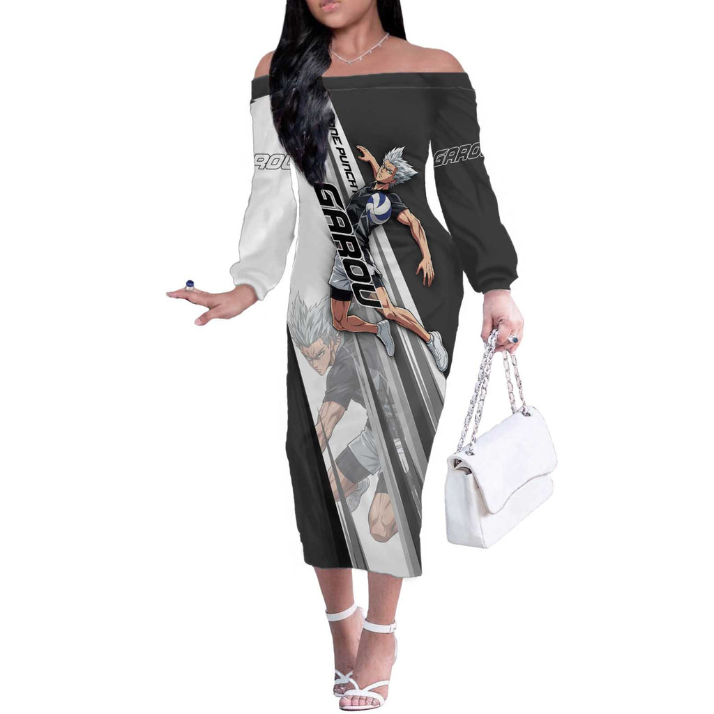 Personalized Garou Volleyball Action Design Off The Shoulder Long Sleeve Dress with Monochrome Stripes and Dynamic Pose