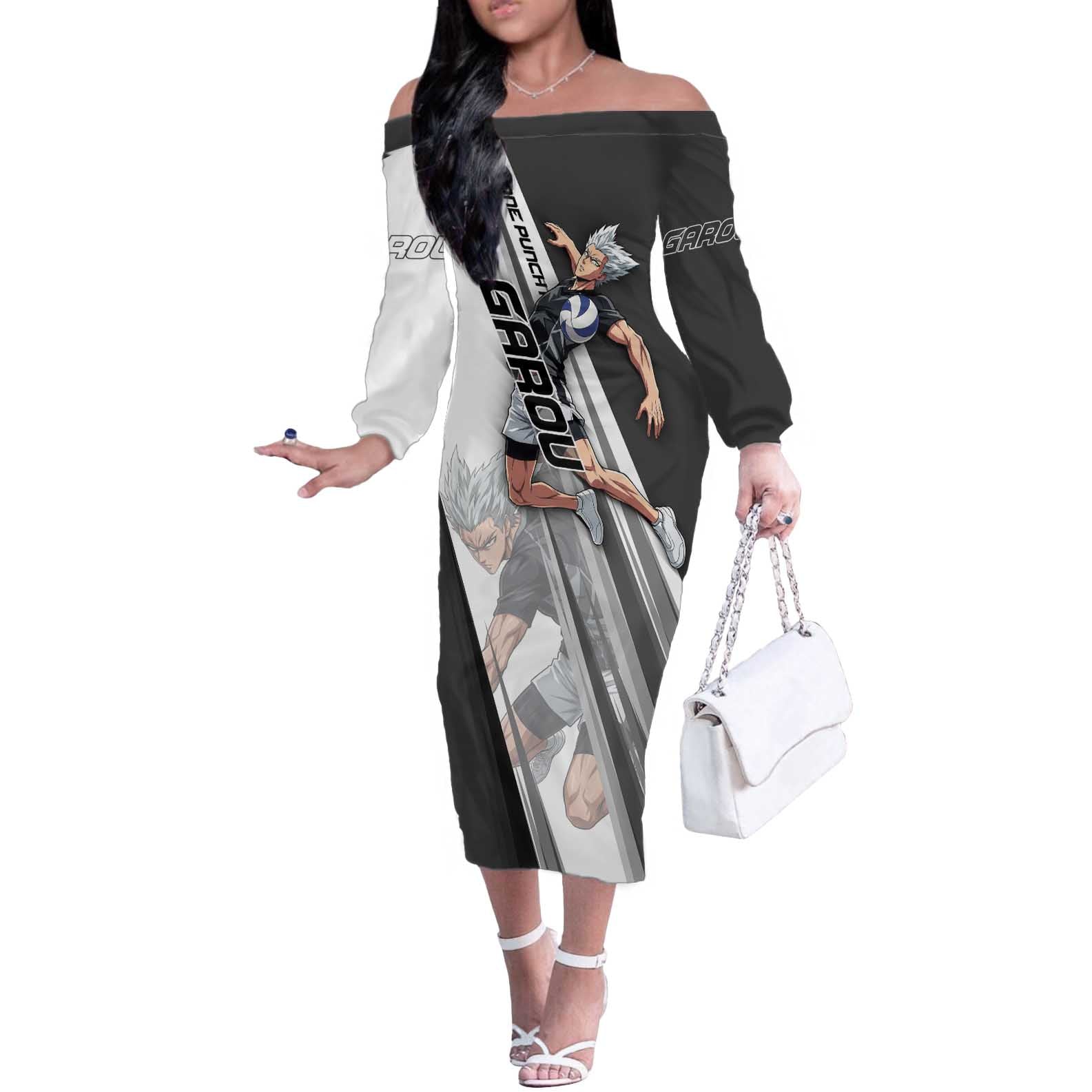 Personalized Garou Volleyball Action Design Off The Shoulder Long Sleeve Dress with Monochrome Stripes and Dynamic Pose