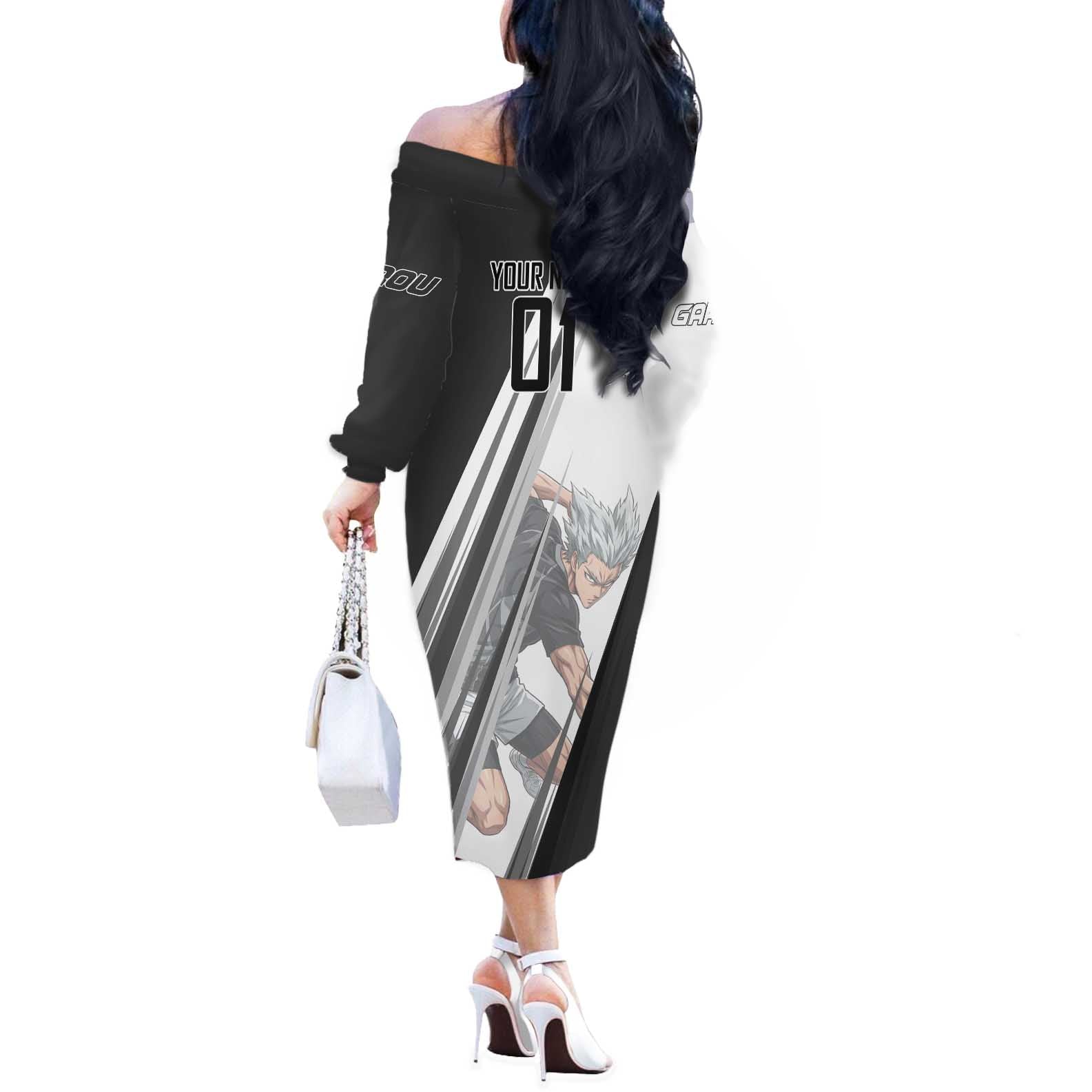 Personalized Garou Volleyball Action Design Off The Shoulder Long Sleeve Dress with Monochrome Stripes and Dynamic Pose