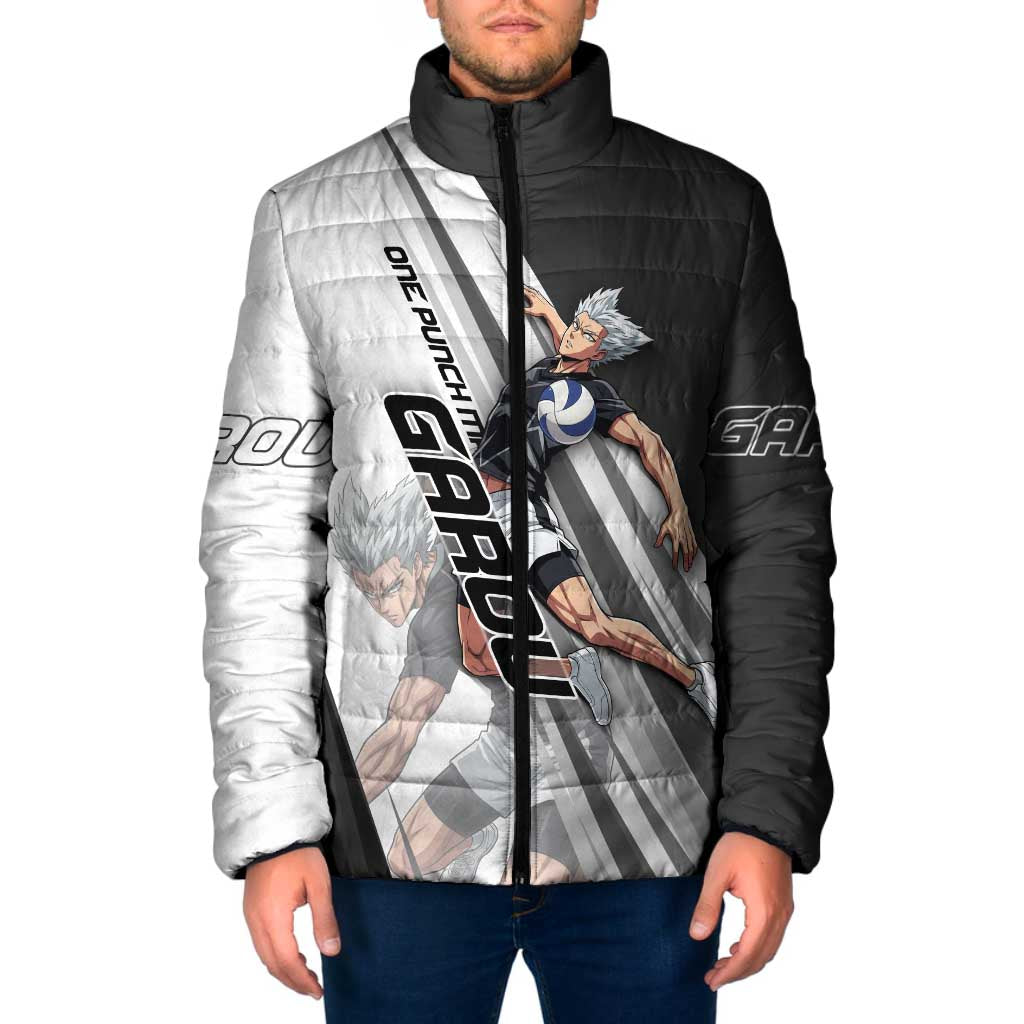 Personalized Garou Volleyball Action Design Padded Jacket with Monochrome Stripes and Dynamic Pose