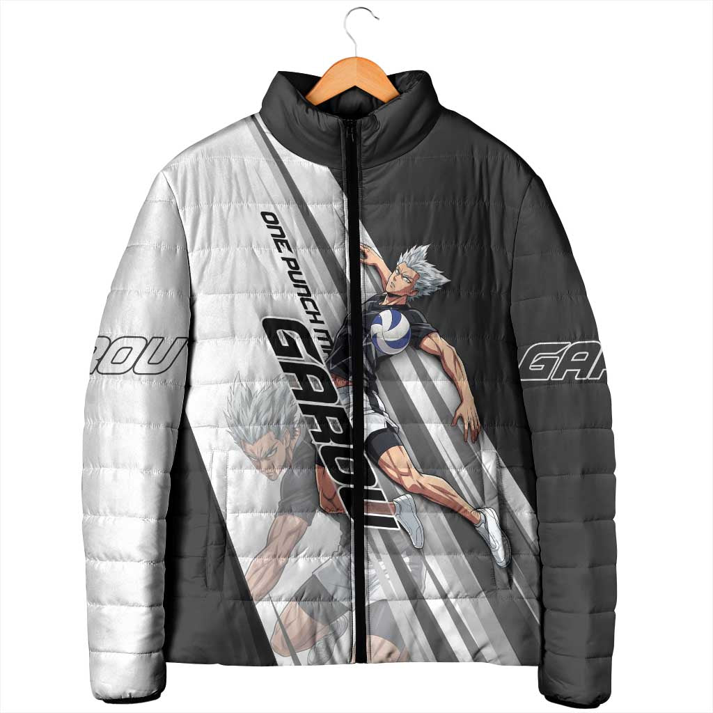 Personalized Garou Volleyball Action Design Padded Jacket with Monochrome Stripes and Dynamic Pose