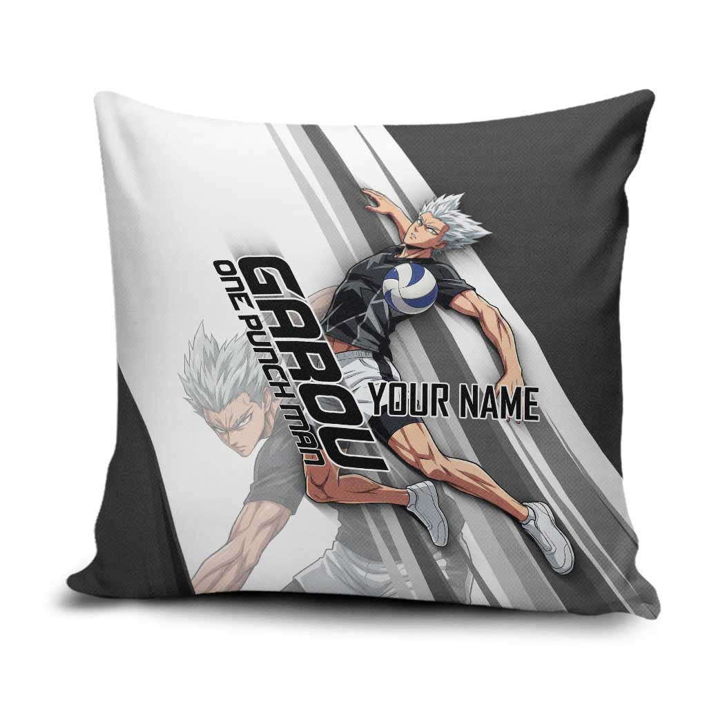 Personalized Garou Volleyball Action Design Pillow Cover with Monochrome Stripes and Dynamic Pose