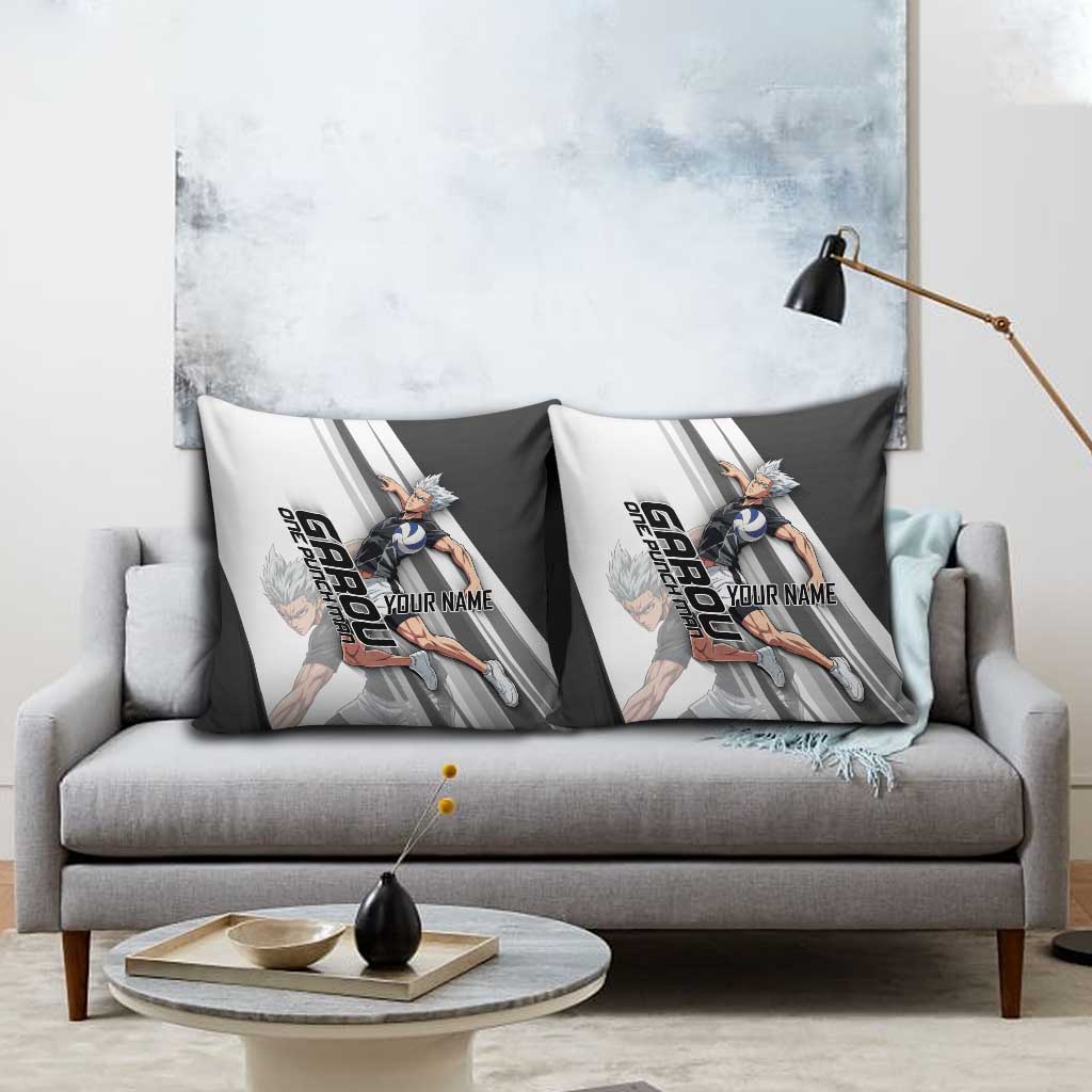 Personalized Garou Volleyball Action Design Pillow Cover with Monochrome Stripes and Dynamic Pose